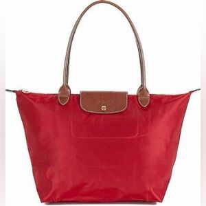 Longchamp Classic Le Pliage RED Tote Bag with Long brown leather handles
